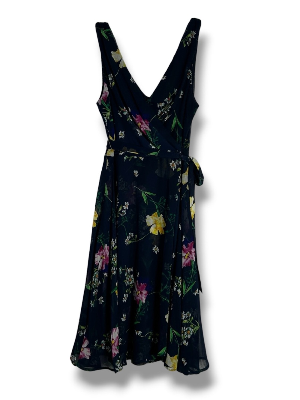 DKNY La Fleur Goddess Navy Blue Faux Wrap Style Belted Dress Size 4 - “Reuven”
